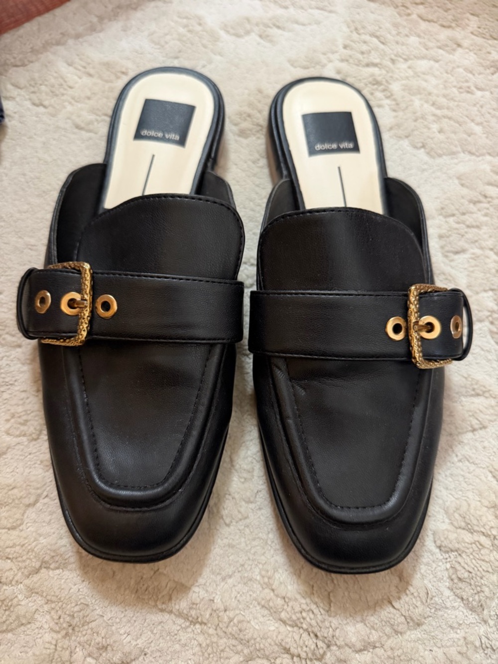 Dolce Vita Black Leather Slip-On Mules with Gold Buckle